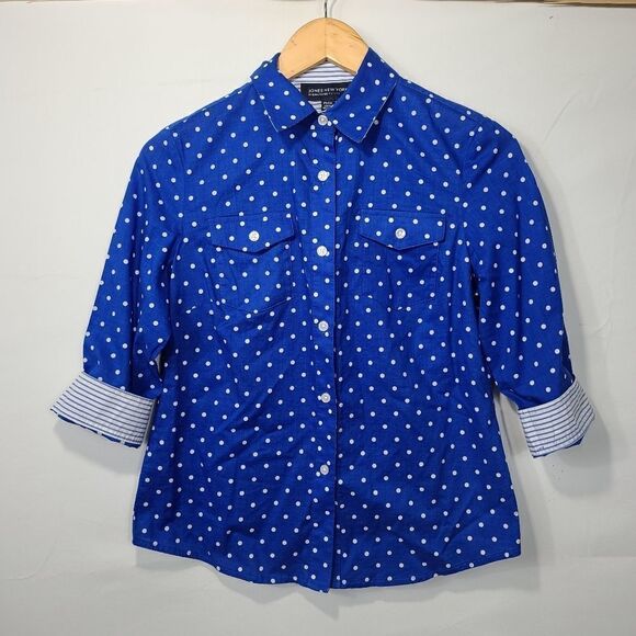 JONES NEW YORK Petites Polka Dot Blouse Blue White - Picture 9 of 9